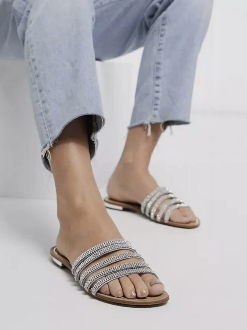 ALDO Droflian Silver Rhinestone Strappy Flat Sandals